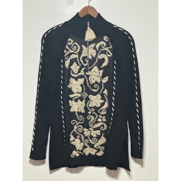 VTG Nils 1/4 Zip Tassel Sweater L Black Floral Design Winter Ski Lodge Cabin - Picture 1 of 15